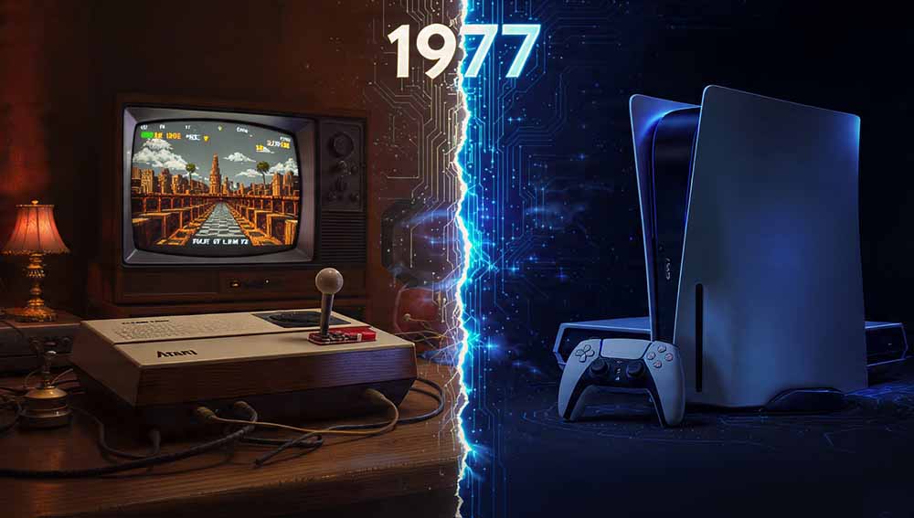 Evolução dos games de 1977 Atari até PS5 2026